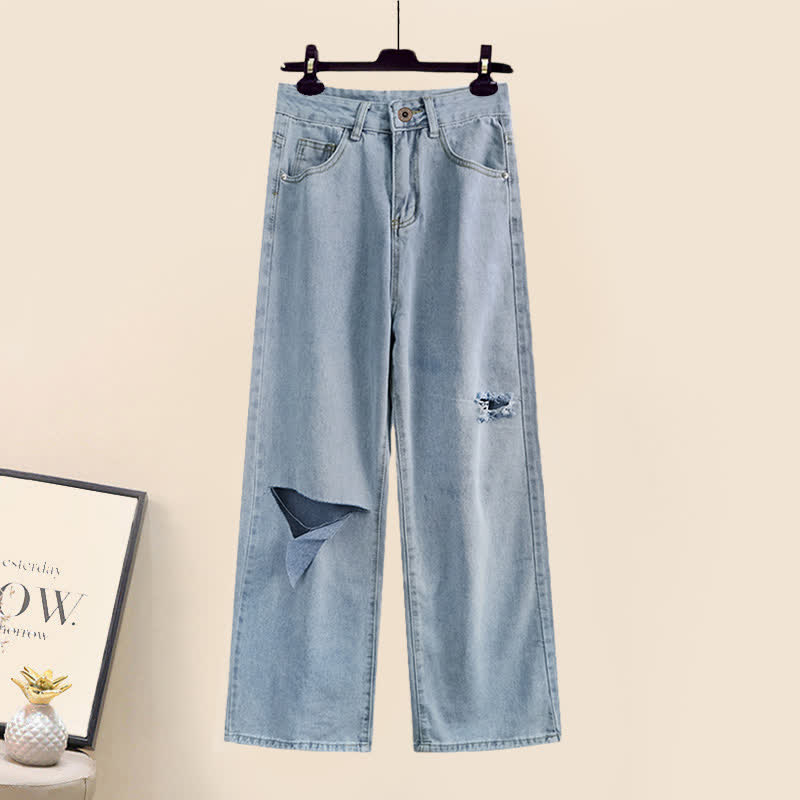 Lattice Print Drawstring Lapel T-Shirt Loose Denim Pants