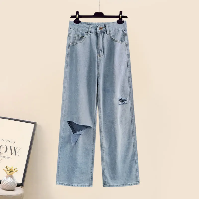 Lattice Print Drawstring Lapel T-Shirt Loose Denim Pants