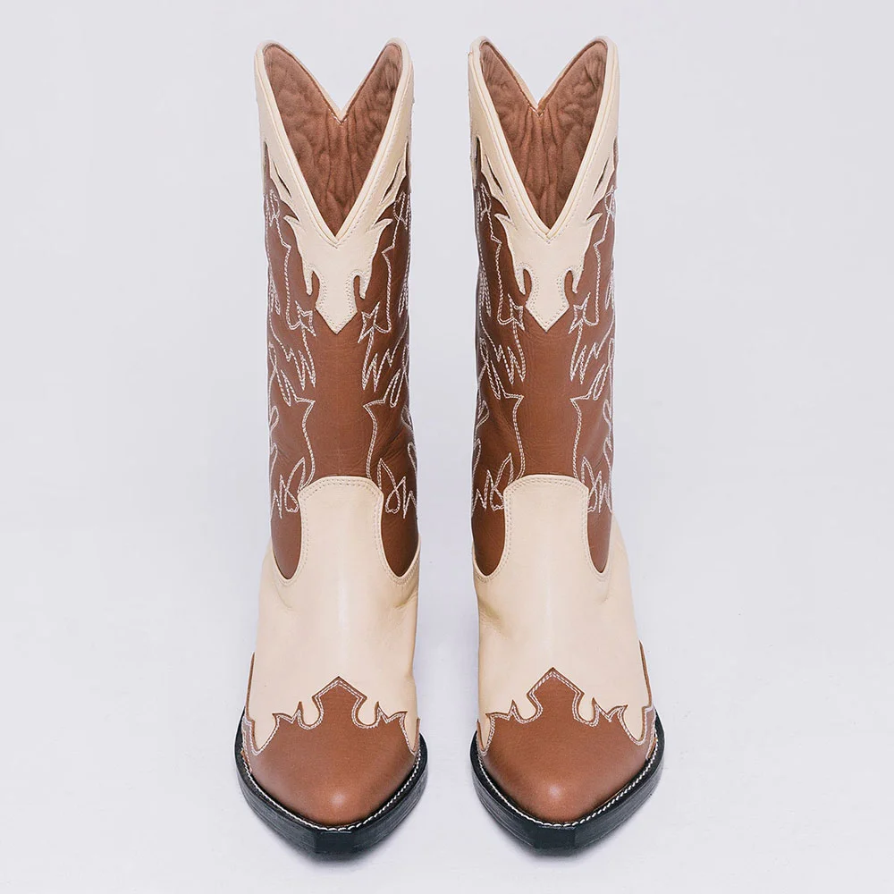 Brown & Ivory Chunky Heel Patchwork Cowgirl Boots with Embroidery