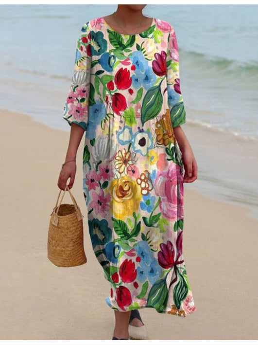 Women's 3/4 Sleeve Scoop Neck Graphic Printed Midi Dress