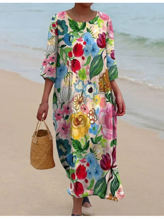 Women's 3/4 Sleeve Scoop Neck Graphic Printed Midi Dress