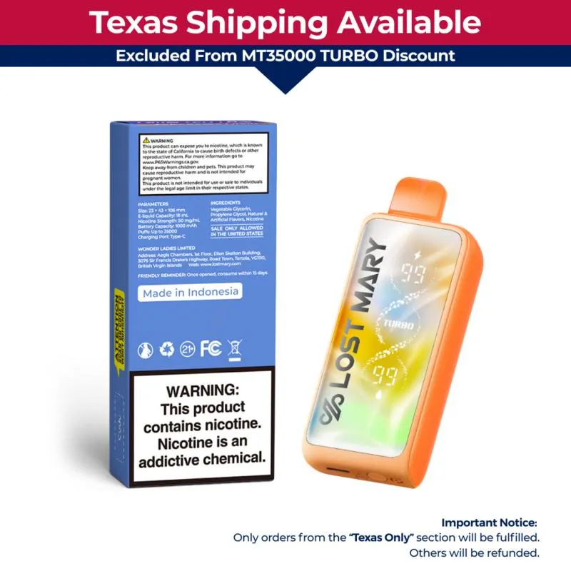 Orange Lost Mary MT35000 Turbo vape with 'Texas Only' notice and digital display.