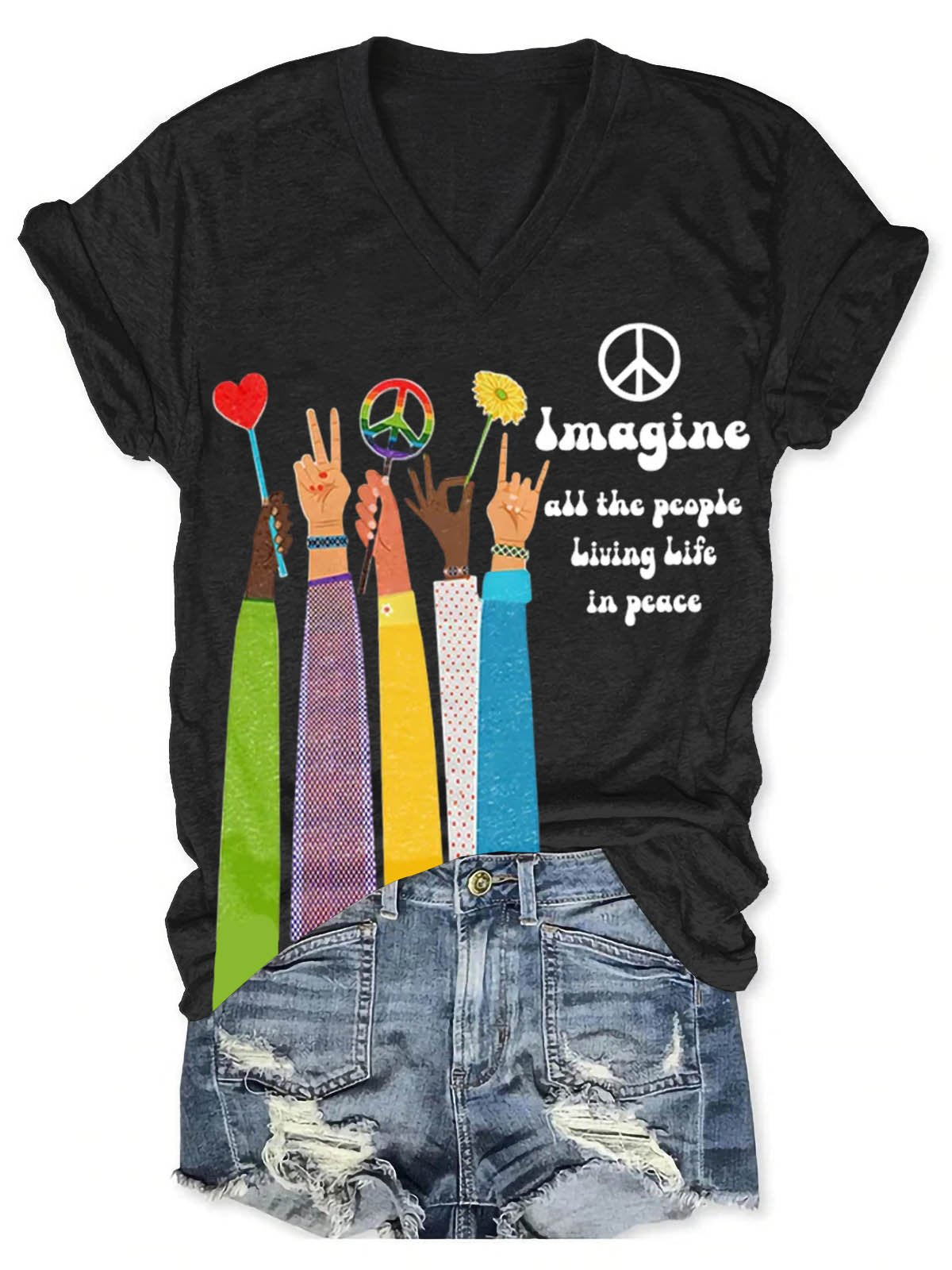 Imagine All The People Living Life In Peace Art Print V-neck Casual T-Shirt