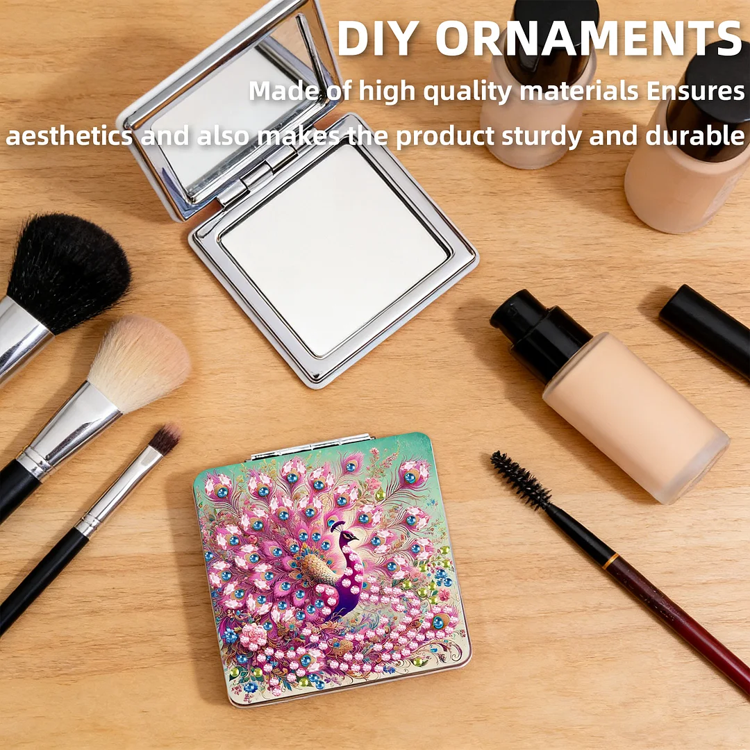 Pink Peacock DIY Special Shaped Diamond Painting Compact Mirror Kits Diamond Art Painting Pocket Mirror for Adults and Beginners