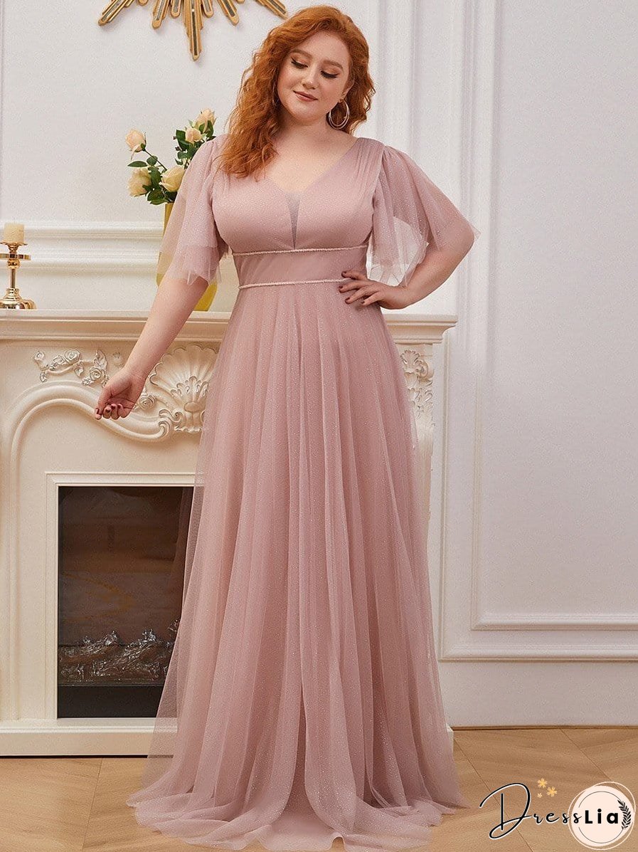 Elegant Golden Stamped Ruffle Sleeve Evening Gown