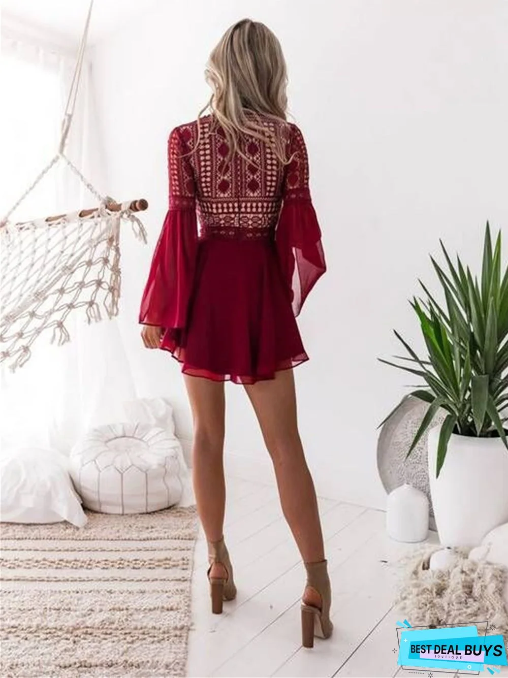 Lace Crochet Openwork V-neck Strap Chiffon White Dresses