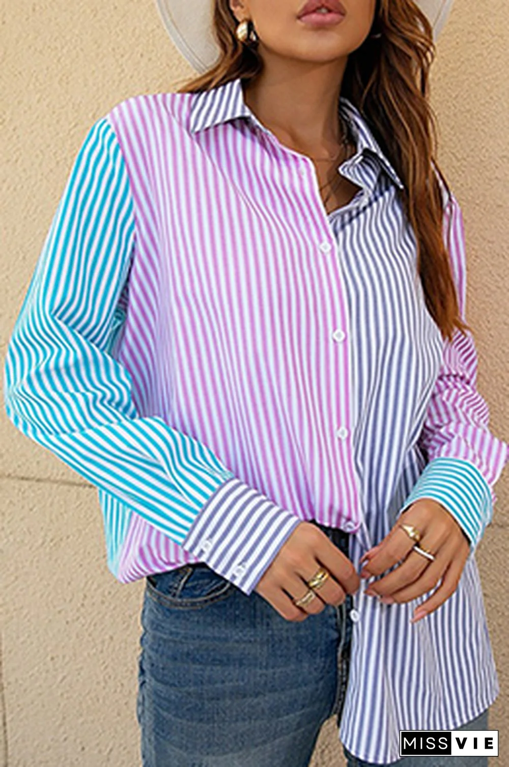 Casual Striped Split Joint Buckle Turndown Collar Tops