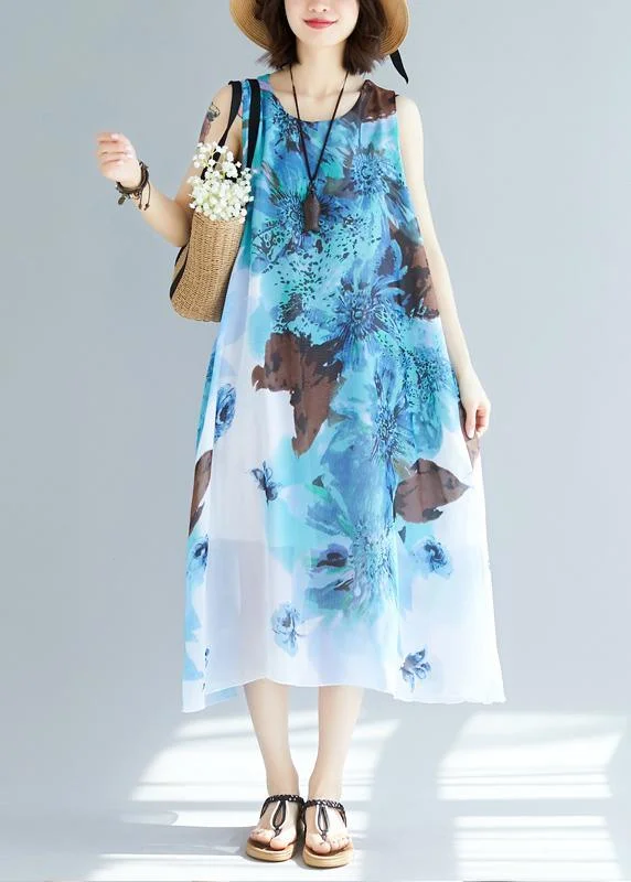 Stylish Blue Print Chiffon Sleeveless Summer Vacation Dress