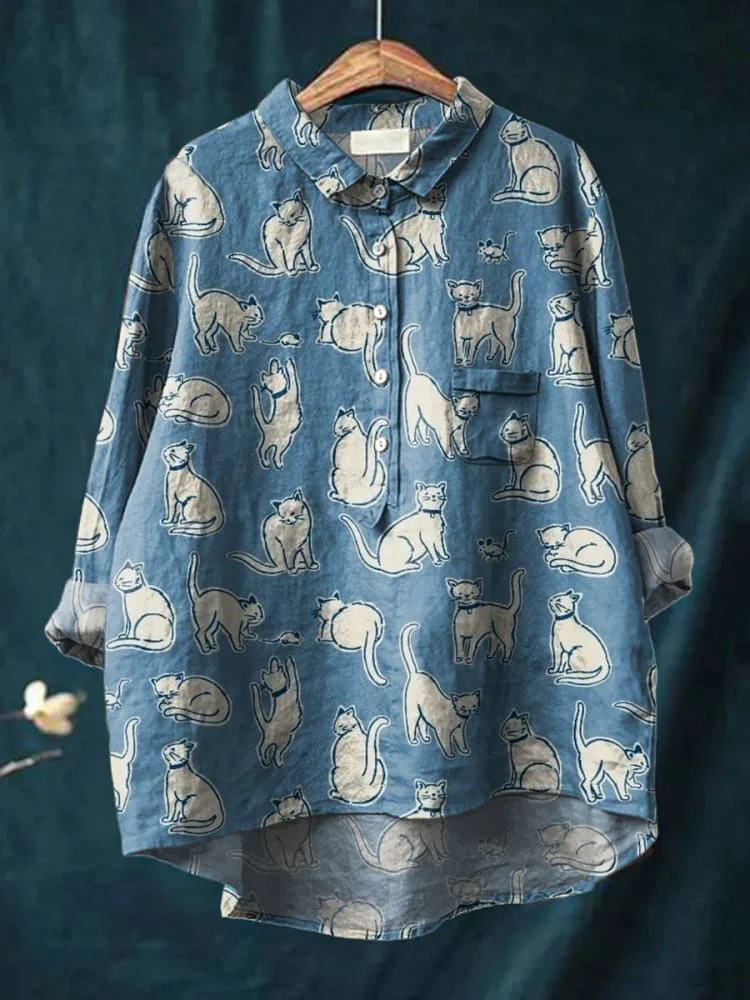 Women's Simple Denim Blue Kitten Print Casual Cotton And Linen Shirt