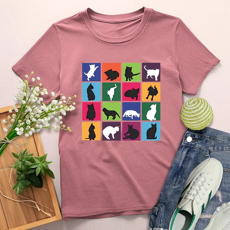Colorful Cats Round Neck T-shirt-0025149