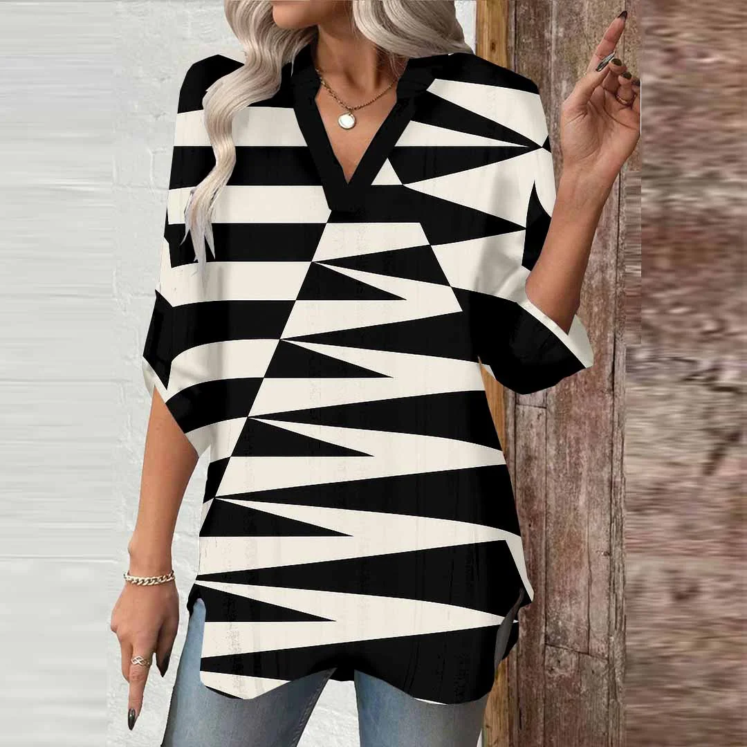 Women Geometric, Black, White DZGA0215 3/4 Sleeve V-neck Printed Graphic Button Tops