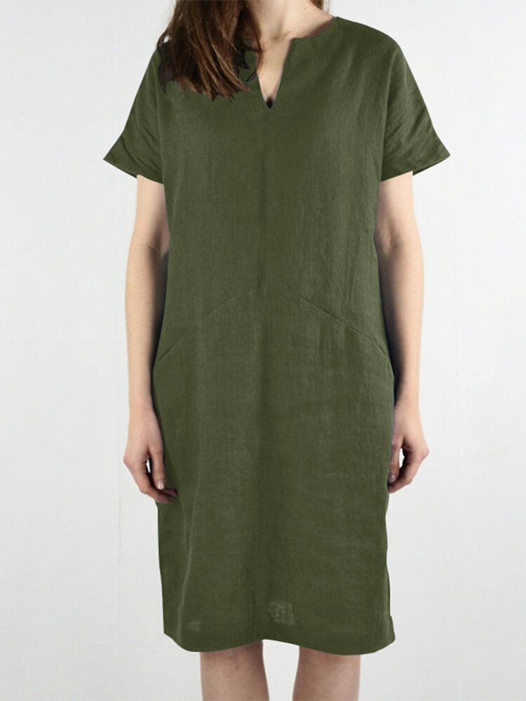 Solid Pocket V Neck Short Sleeve Casual Cotton Midi Dress