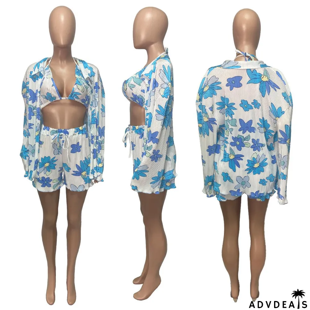 Sexy Print Cross Halter Bra+Cardigan+Short Three Piece Sets