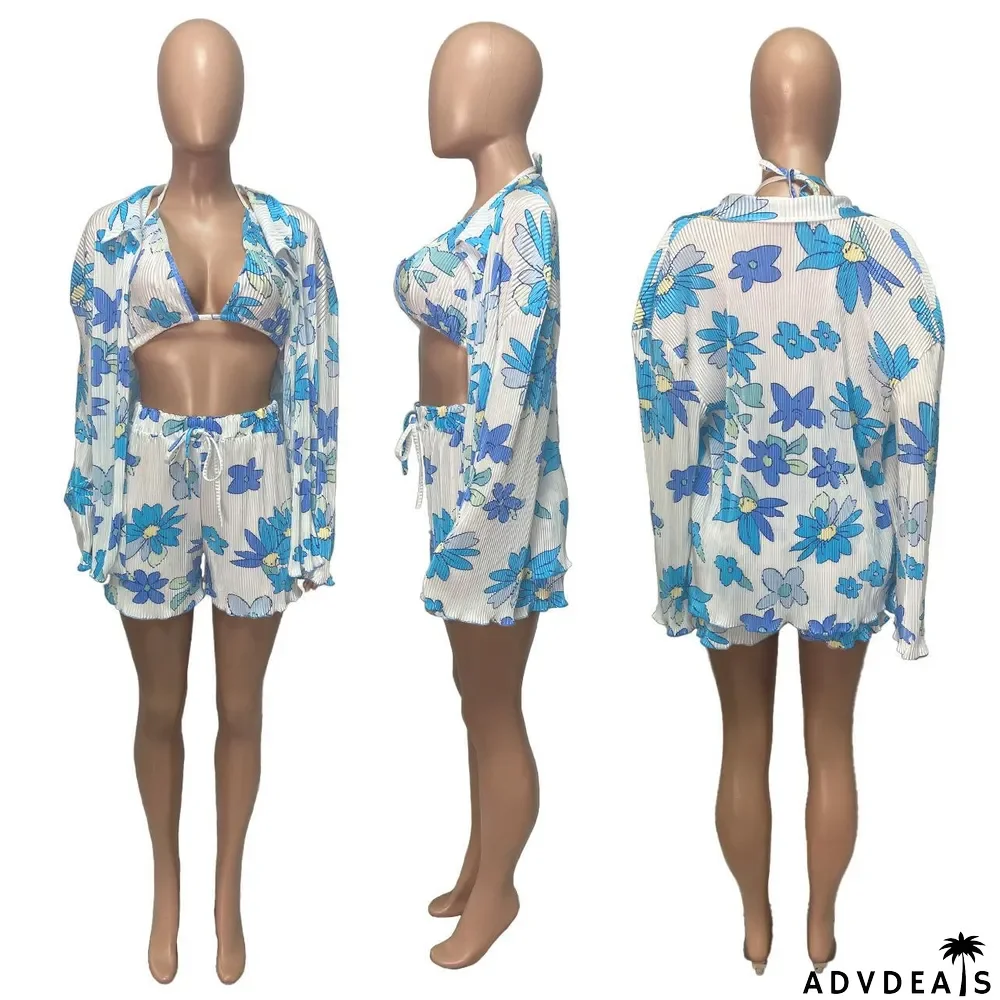 Sexy Print Cross Halter Bra+Cardigan+Short Three Piece Sets