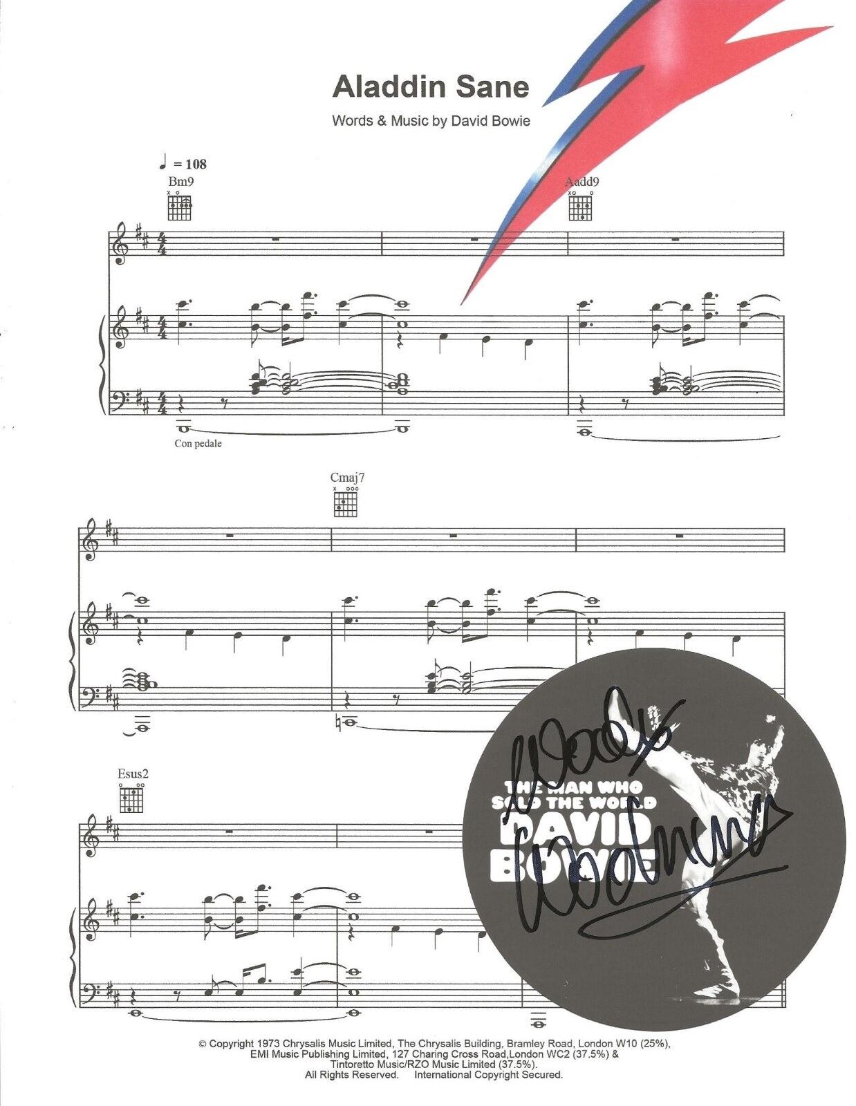 Mick Woodmansey David Bowie Spiders Mars SIGNED Aladdin Sane sheet music #2 COA