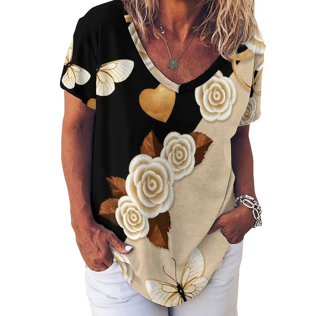 V-neck Short Sleeve Casual T-shirt for  Women Printed with Pattern Butterfly, Black, Floral, Beige