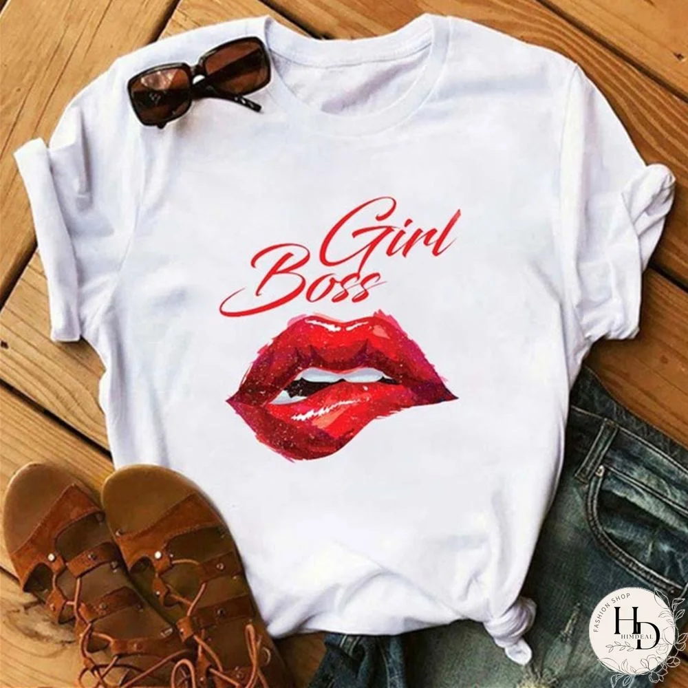 White Rose Red Fashion Casual Lips Printed Basic O Neck Tops