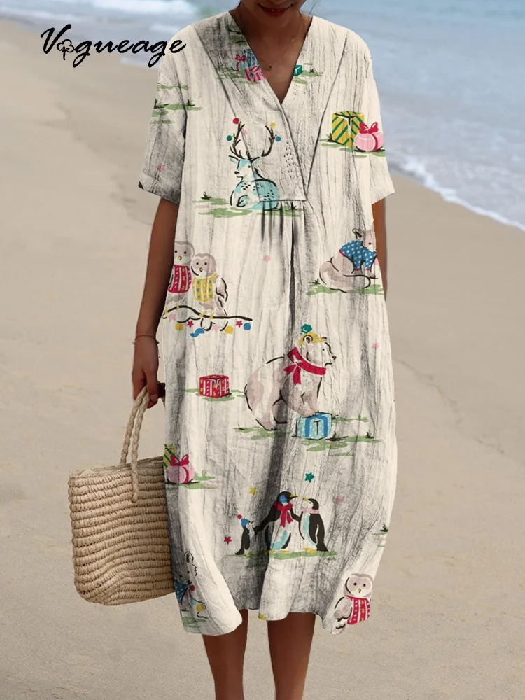Hand Drawn Bear And Sika Deer Printed Women's Casual Cotton And Linen Dress