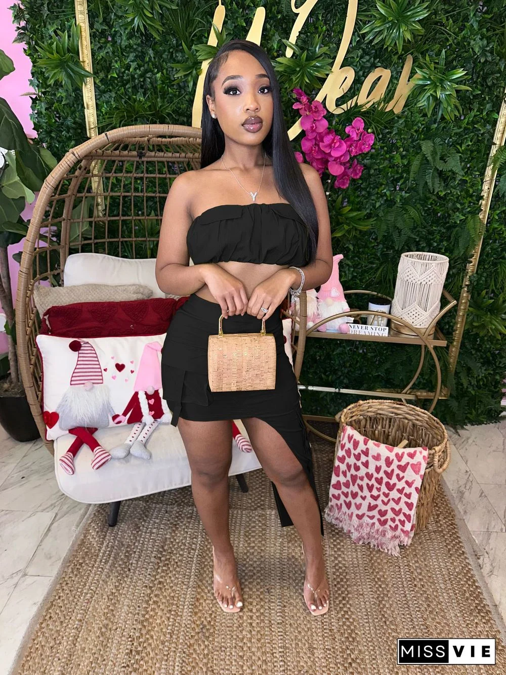 Strapless Crop Tops Irregular Cargo Skirt Two Piece Set