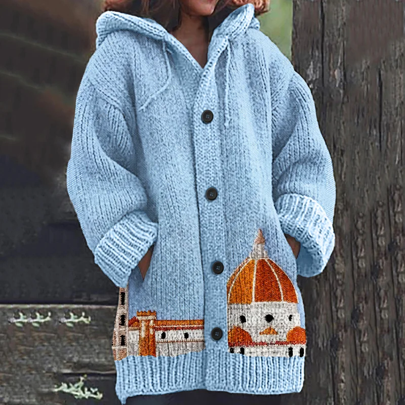 Cardigan lavorato a maglia con ricamo del paesaggio fiorentino