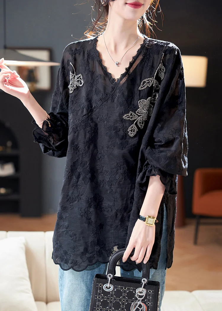 Loose Black Embroidered Nail Bead Silk Cotton Top Spring