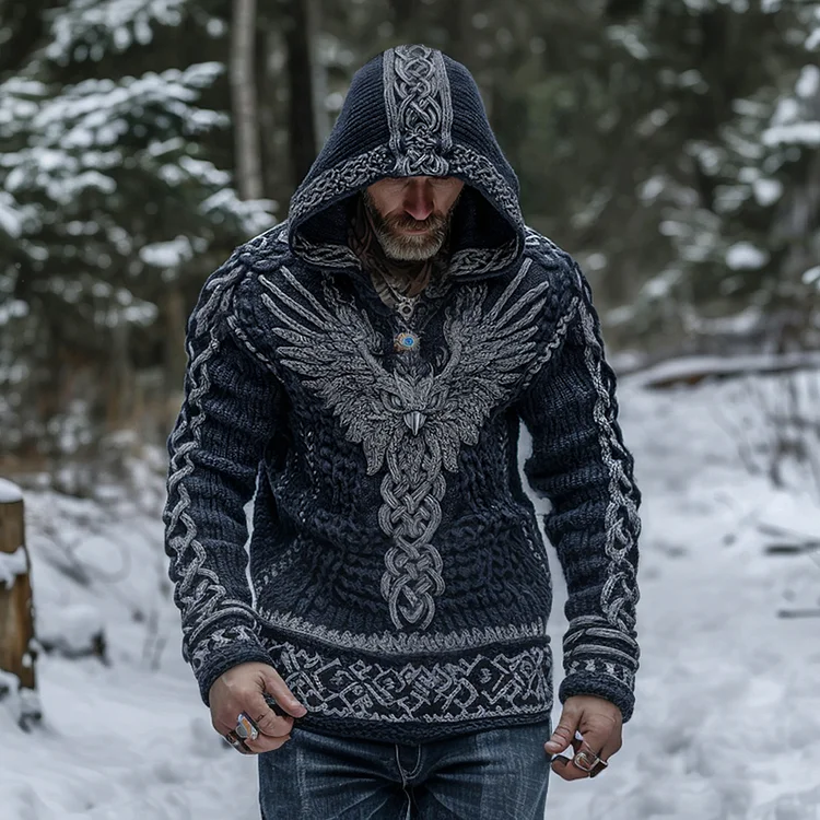 Men's Viking Eagle Celtic Knot Jacquard Knit Hooded Sweater