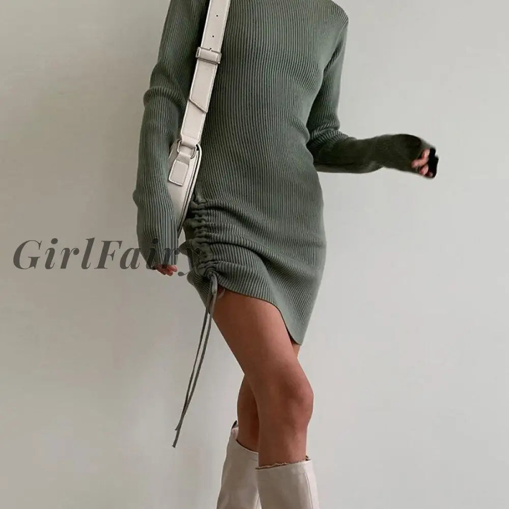 Girlfairy Knitting Women Draw String Dress Turtleneck Slim Autumn Winter Long Sleeve Short Casual