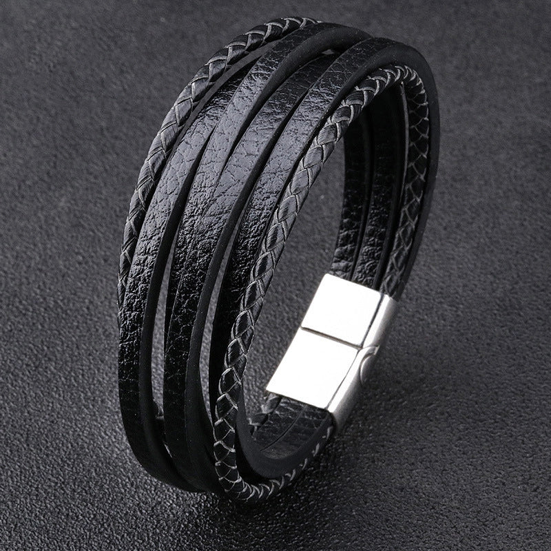 Retro Minimalist Solid Color Pu Leather Alloy Magnetic Buckle Layered Plating Men’s Bracelets Men Cord & Leather Bracelets