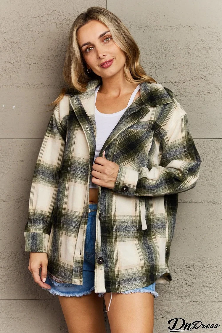 Zenana By The Fireplace Oversized Plaid Shacket in Olive