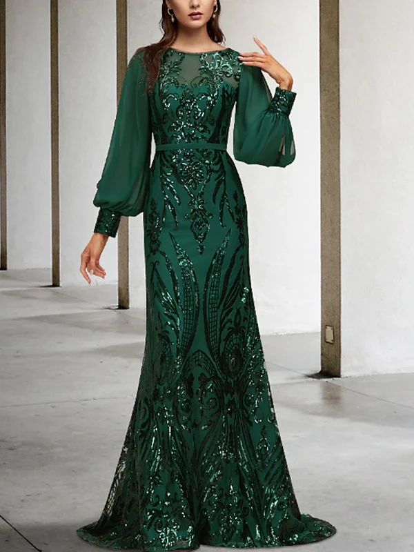 Round Neck Lace Solid Sequins Maxi Dress