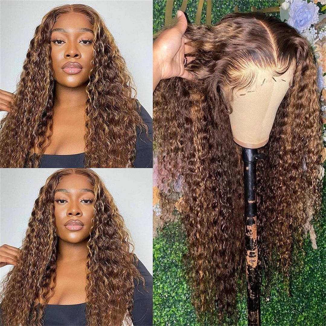 Deep Wave Highlight Honey Brown Curly Lace Front Human Hair Wigs 13x4 4x4 30 Inch Remy Ombre Colored Lace Frontal Wig For Women US Mall Lifes