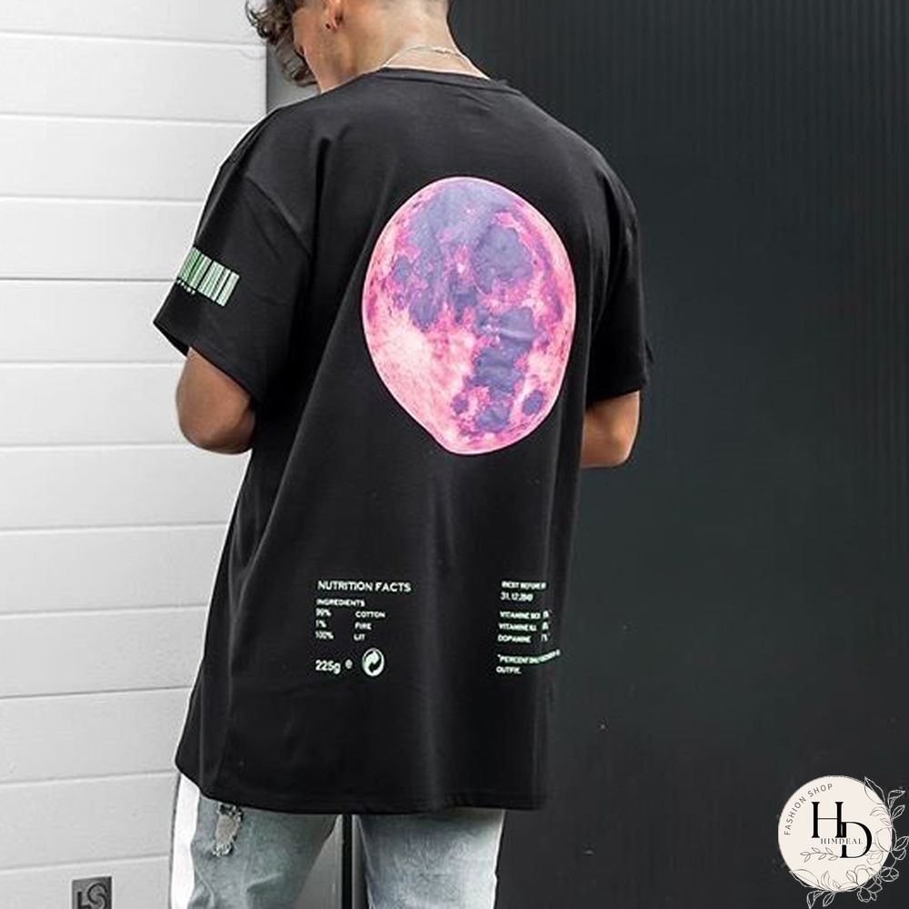 Fashion Moon Mens Black Graphic Vintage  Short Sleeved T Shirt