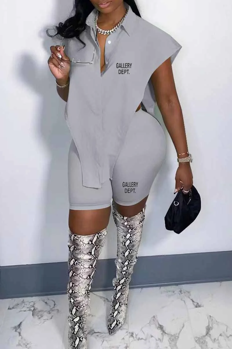 Grey Casual Print Letter Turndown Collar Sleeveless Two Pieces