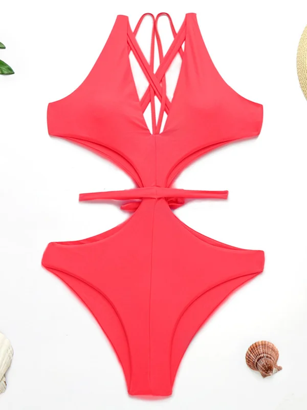 Sexy Fluorescent Color Bandage Hollow One-Piece Swimwear 