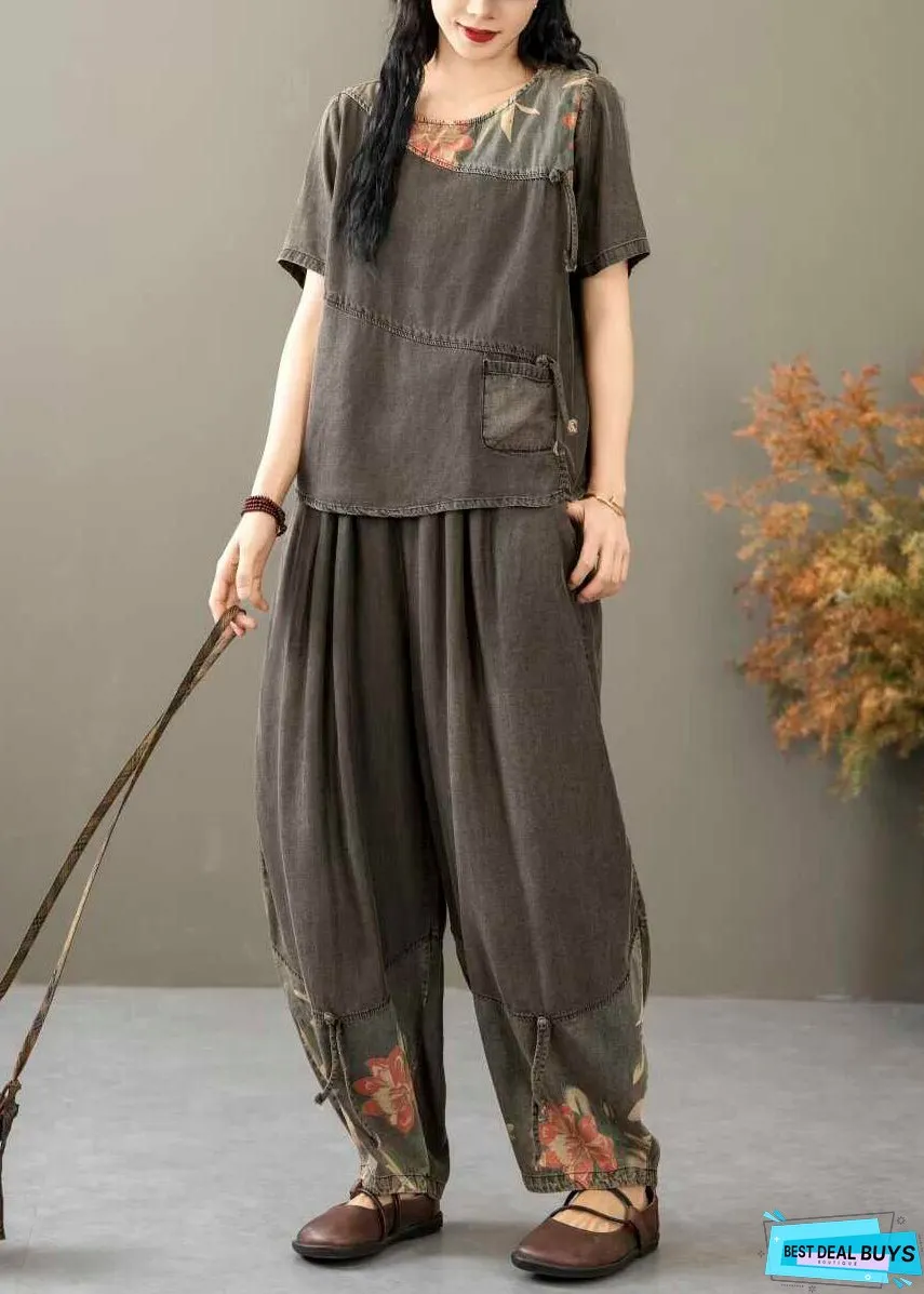 Vintage Black Print Tops And Crop Pants Denim Two Piece Suit Summer