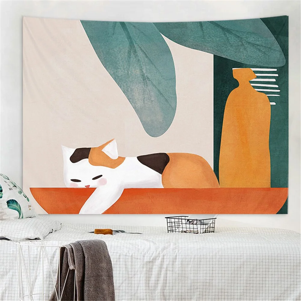 Nigikala Warm Color Plant Playing Yarn Ball Cat Print Tapestry Wall Aesthetic Tapestry Wall Tapestry Christmas Tree Wall Decor