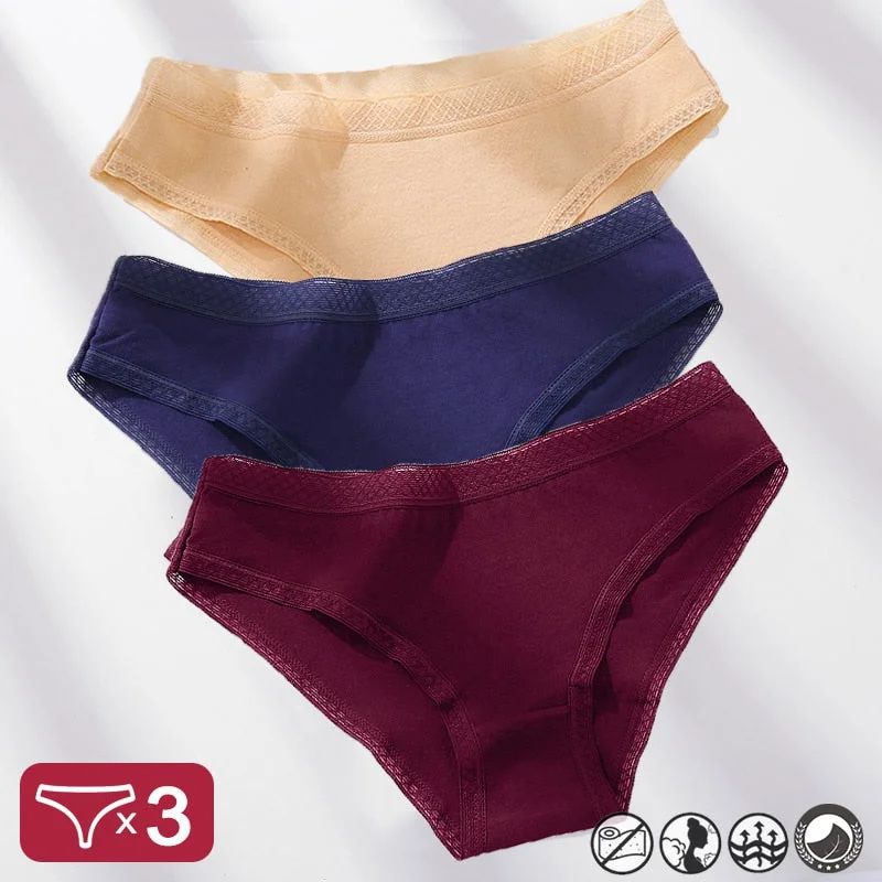 3PCS/Set Mesh Waistband Cotton Panties Women's Briefs Underwear Sexy Lingerie Panties Female Underpants Solid Color Girls Pantys