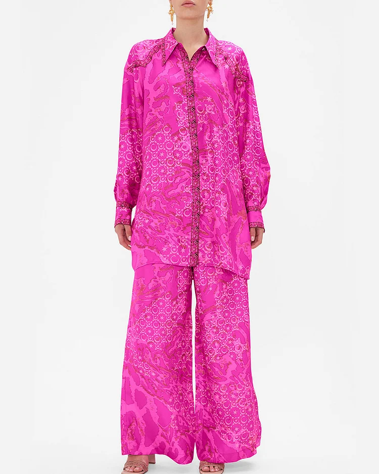 Button-Down Shirt And Pants Floral-Print Two-Piece Set