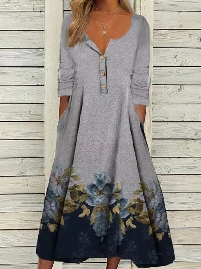 Gray Floral Printed Buttoned V Neck Casual Long Sleeve A-Line Dresses