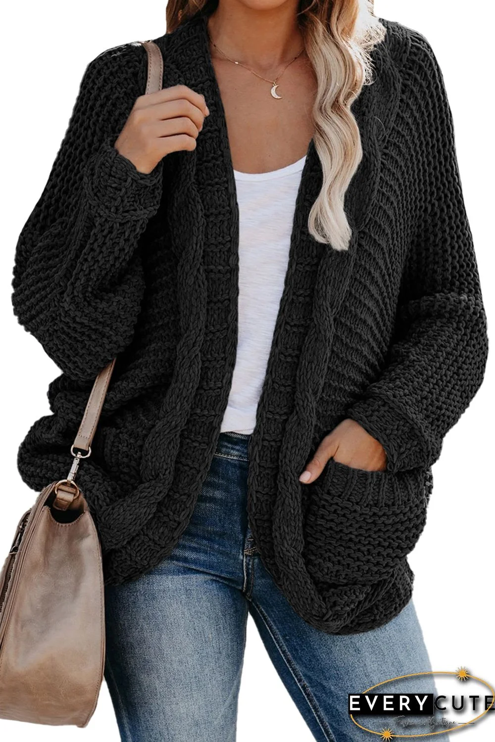 Black Chunky Knit Solid Cardigan with Pocket