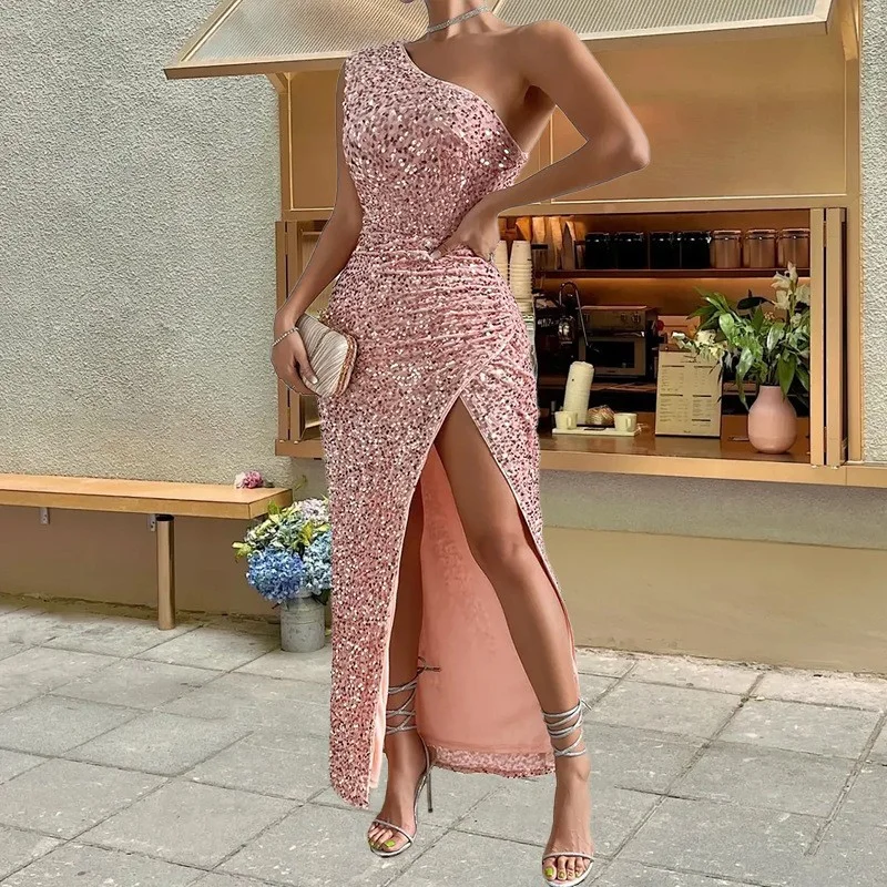 Uveng Uveng Women's Fashion 2025 Fashion Sexy Sequin Single-Sleeveless Forked Solid Color Dress