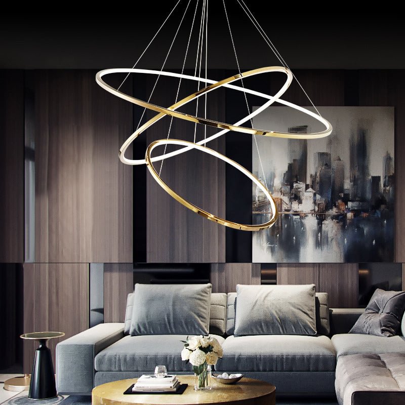 Minimalist 3/5 Tiers LED Pendant Lighting Stainless Steel Living Room Extra-Slim Hoop Chandelier in Gold