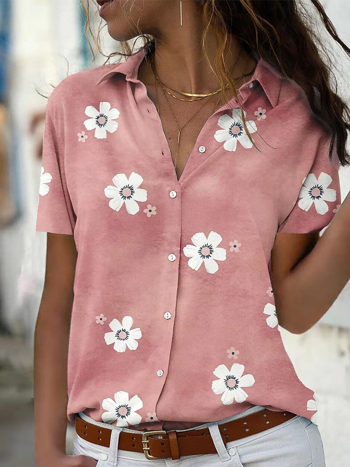 Women Long Sleeve V-neck Graphic Floral Printed Top