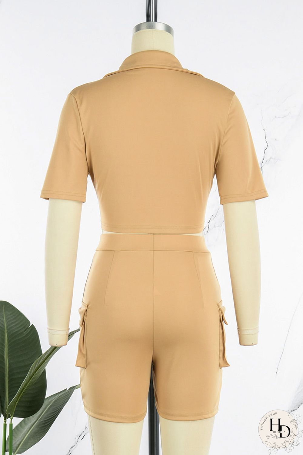 Khaki Casual Solid Bandage Patchwork Pocket Buckle Turndown Collar Short Sleeve Two Pieces