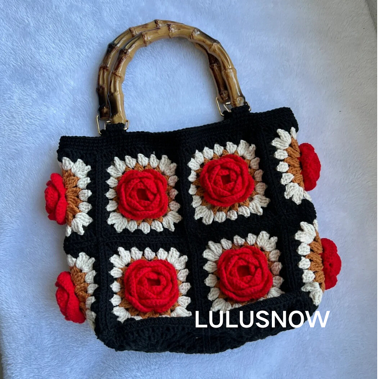 Lulusnow Handmade Red 3D Camellia Granny Square, Floral Elegance Small Crochet Purse, Handmade Crochet Bag with Bamboo Handles Crochet Hand Bag