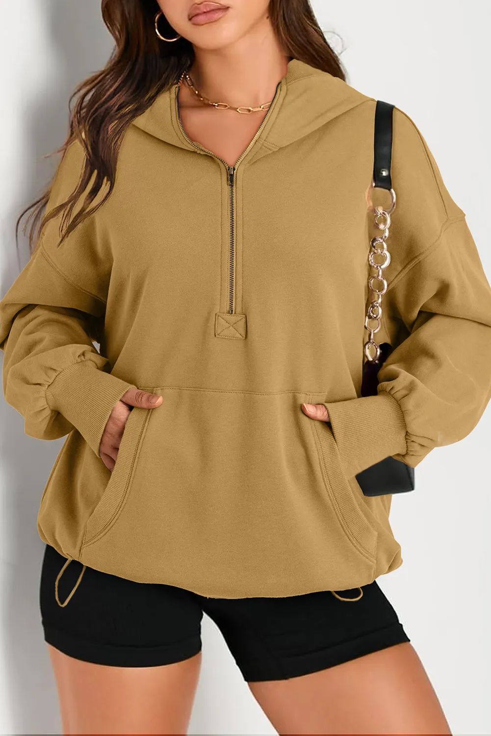 Smoke Green Solid Kangaroo Pocket Half Zipper Oversized Hoodie