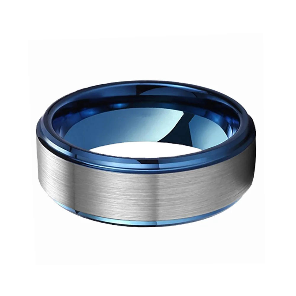 Two Tone Tungsten Brushed Couples Wedding Ring Blue Step Edge