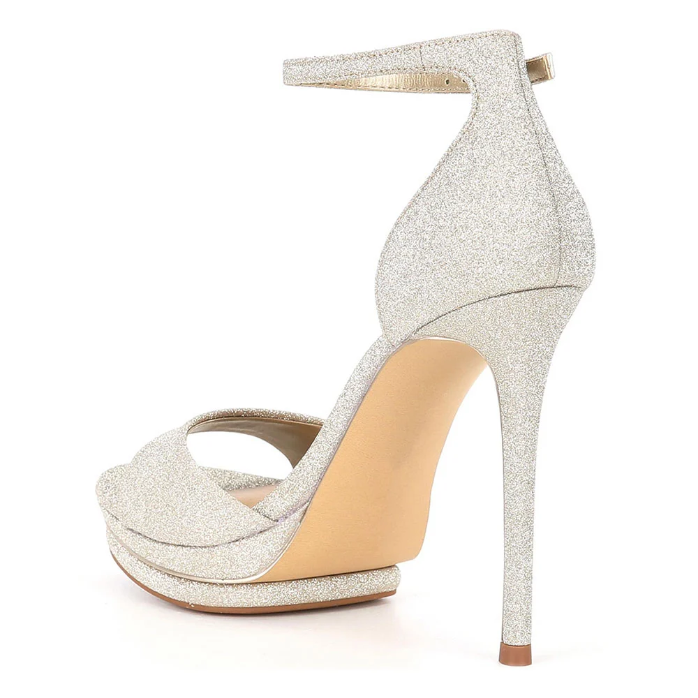 Champagne Glitter Ankle Strap Open Toe Platform Heel Sandals