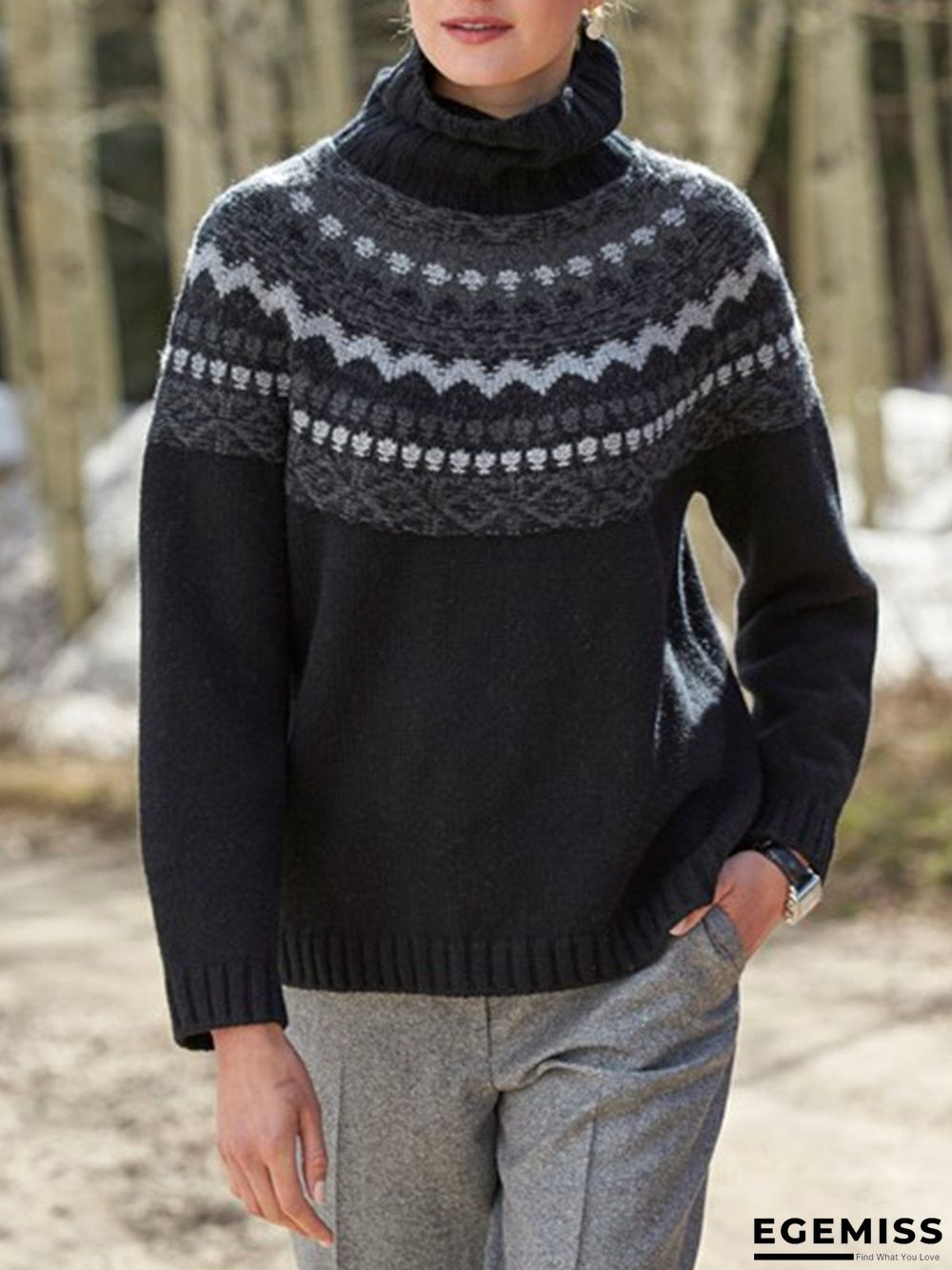 Black Long Sleeve Printed plus size Sweater | EGEMISS