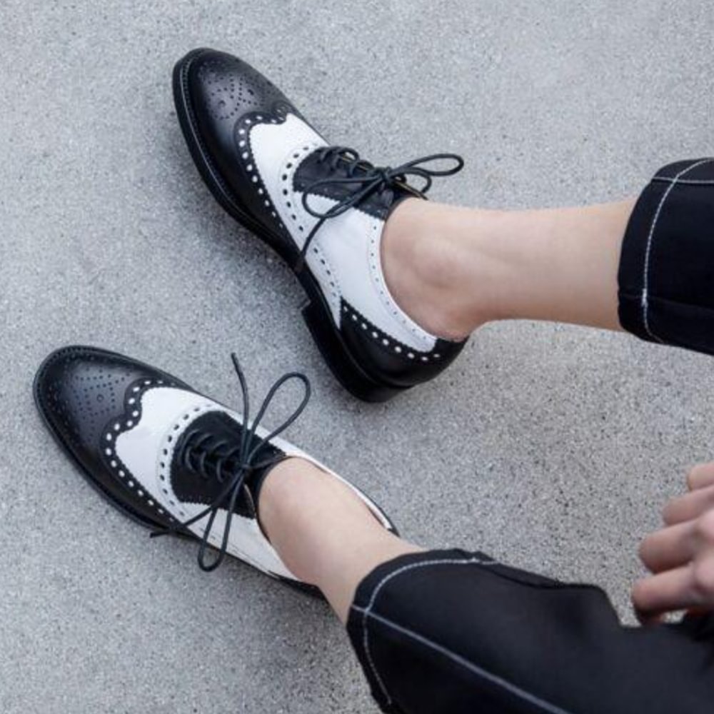 Black White Colorblock Leather Oxford Shoes Pointed Toe Chunky Low Heel Women Shoes Nicepairs